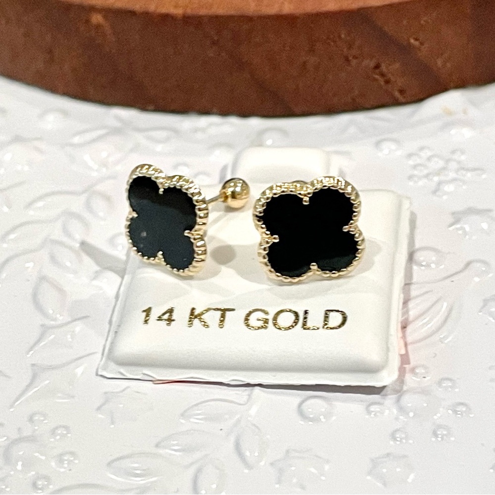 14KT Gold Black Clover-Style Stud Earrings with Ball Screw back backin